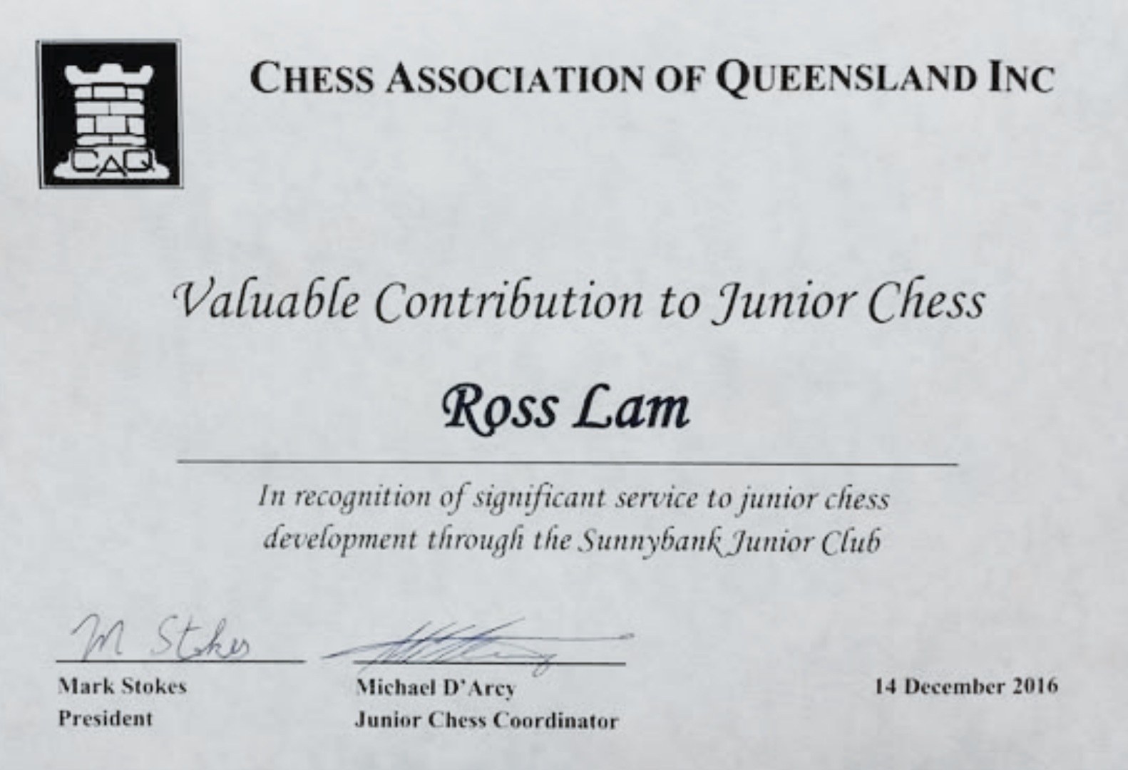 Chess Association of Queensland recognition, 2016